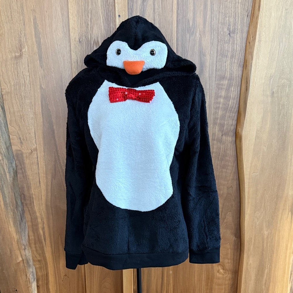 No Boundaries Black and White Penguin Hoodie with Red Bow Tie -Junior XL (15-17)